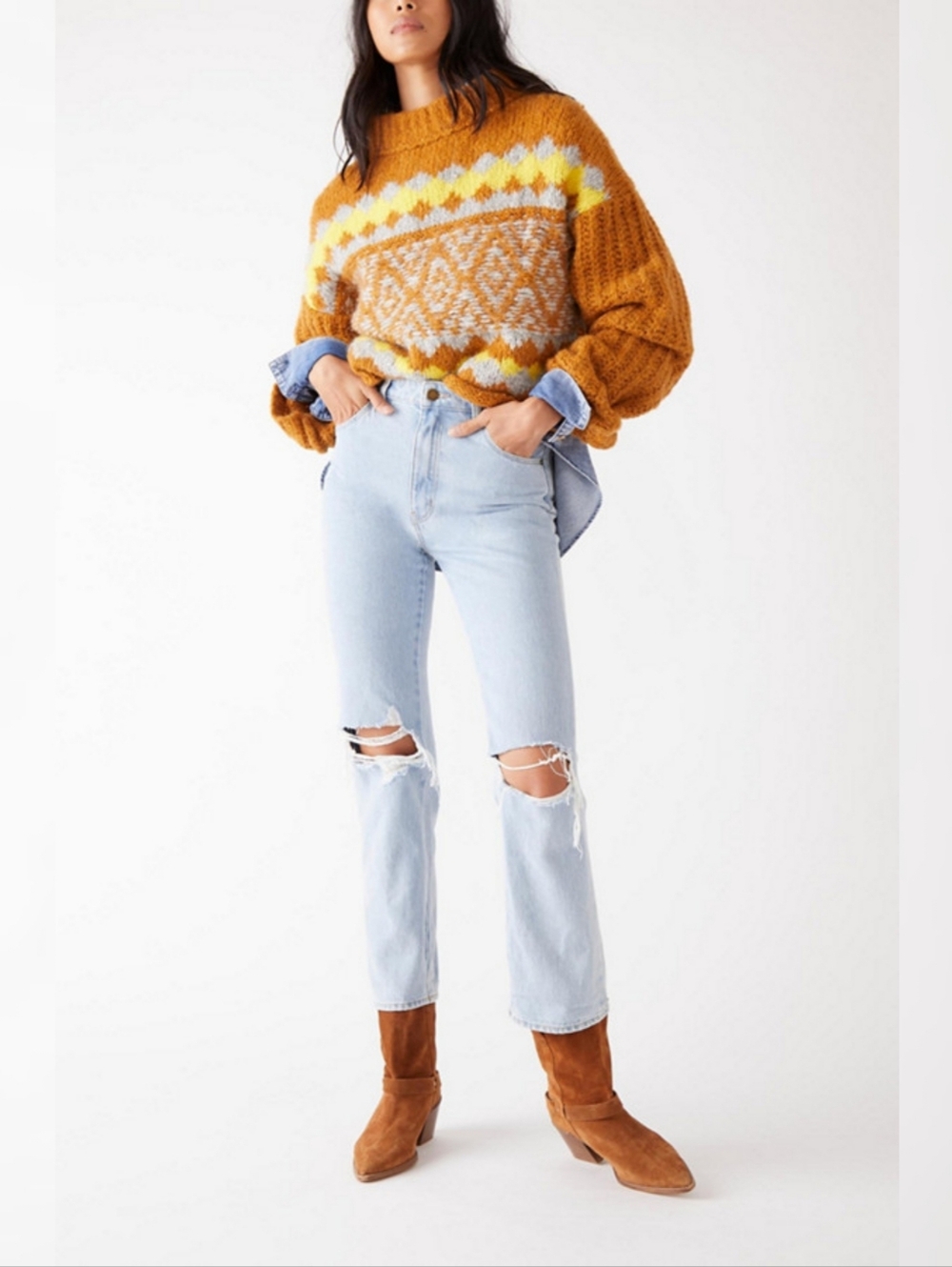 Free People Alpine Pullover Sweater Brown Mustard Yellow Women's
